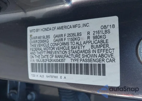 2019 Acura Tlx Tech A-Spec Pkgs from USA, damaged, VIN 19UUB2F62KA004357